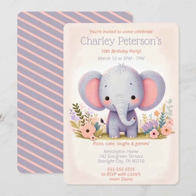 Invitation Adorable Elephant thème Anniversaire fête pour enf (Devant / Derrière)