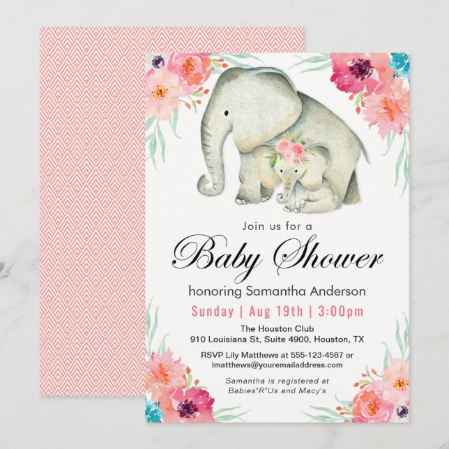 Invitation Adorable Eléphants Baby shower fille (Devant / Derrière)