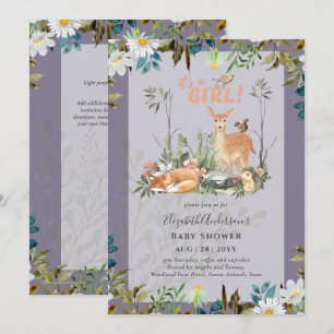 Invitation Adorable FILLES Baby shower de cerfs de bois Lilac