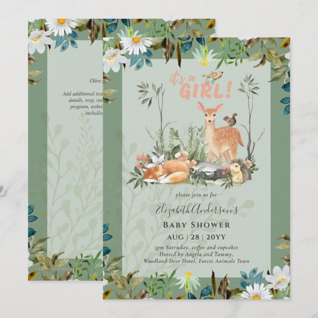 Invitation Adorable FILLES Baby shower de cerfs de bois vert  (Devant / Derrière)