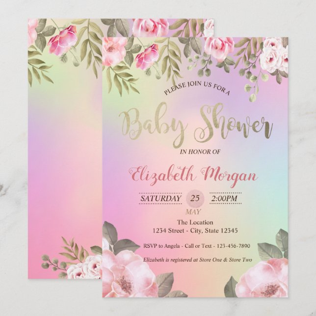 Invitation Adorable Floral Baby shower Holographique Invitati (Devant / Derrière)