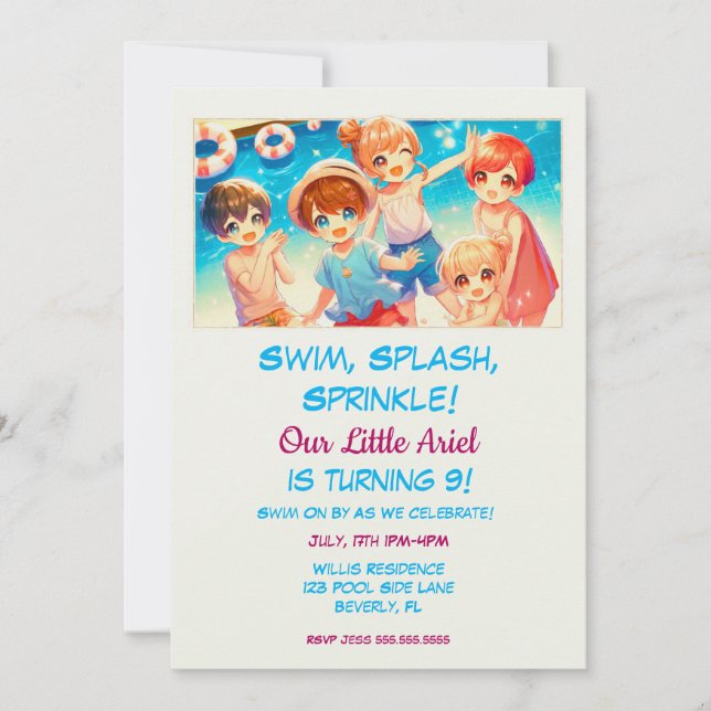 Invitation Adorable japonais Anime enfants piscine fête d'ann (Devant)