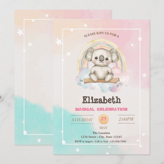 Invitation Adorable joli Koala Rainbow Anniversaire (Devant / Derrière)