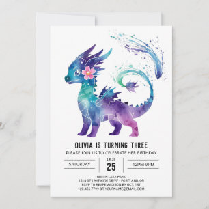 Invitation Adorable Joyeux Dragon Digital Girl Anniversaire