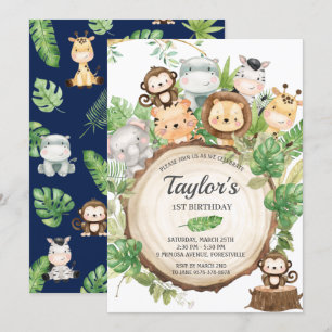 Invitation Adorable Jungle Animaux Verdure 1er anniversaire