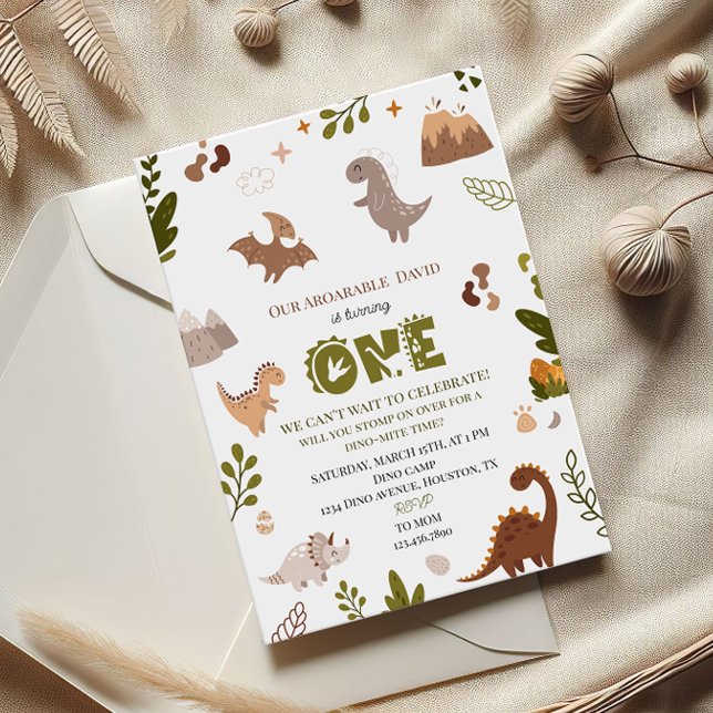 Invitation Adorable Jungle Neutre Dinosaur 1er anniversaire (Créateur téléchargé)