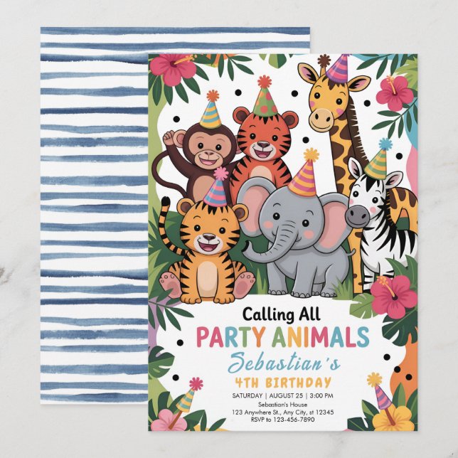 Invitation Adorable Jungle Party Animals Birthday (Devant / Derrière)