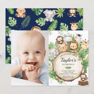Invitation Adorable Jungle Safari vert 1er anniversaire Photo