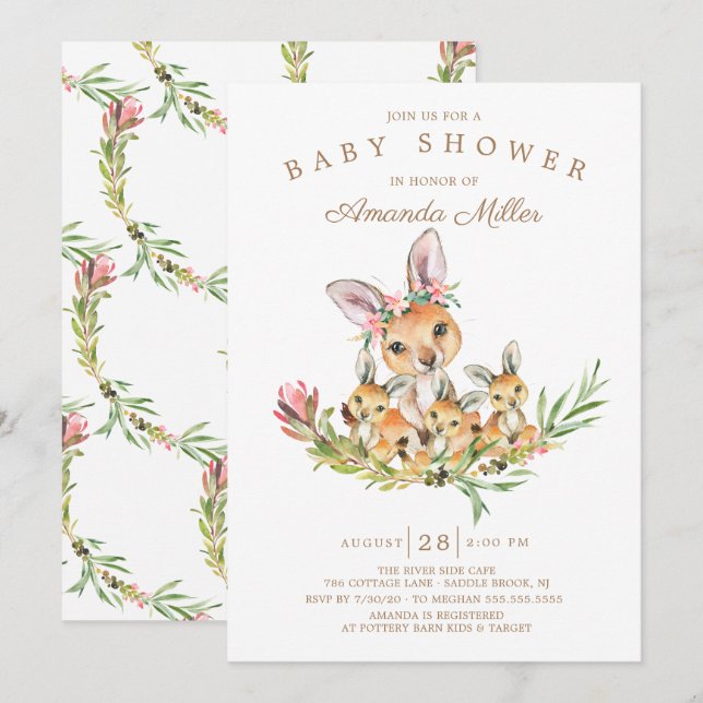 Invitation Adorable Kangaroo Maman & Babies Triplet Baby show (Devant / Derrière)