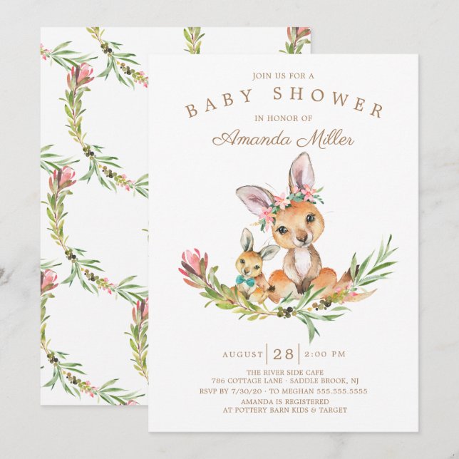 Invitation Adorable Kangaroo Maman & Baby Boys Baby shower (Devant / Derrière)