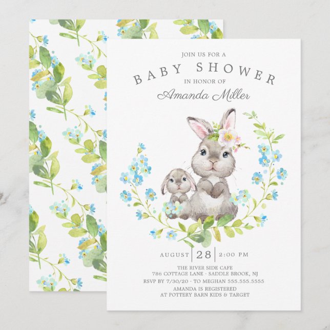 Invitation Adorable Maman & Baby Bunny Boys Baby shower (Devant / Derrière)