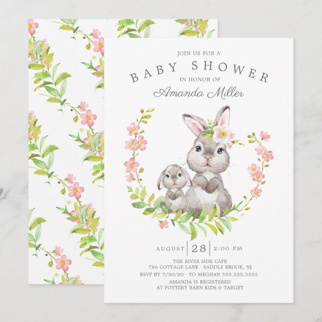 Invitation Adorable Maman & Baby Bunny Girls Baby shower (Devant / Derrière)