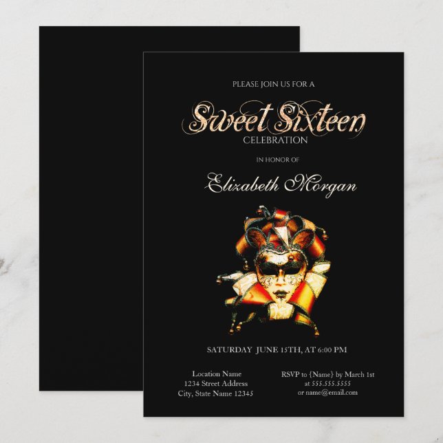 Invitation Adorable Masque Vénézuélien Black Sweet 16 Invitat (Devant / Derrière)