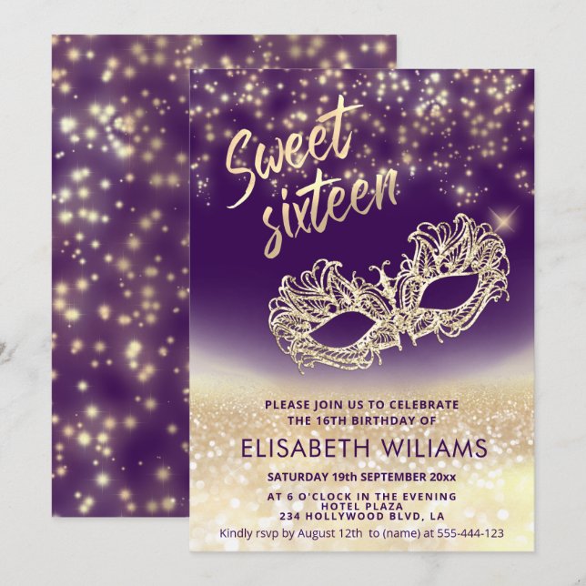 Invitation Adorable Masquerade charmant glittery ombre (Devant / Derrière)