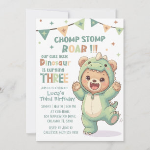Invitation Adorable Ourson Dino Troisième anniversaire de d