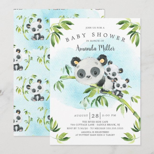 Invitation Adorable Panda Bears Twins Baby shower (Devant / Derrière)