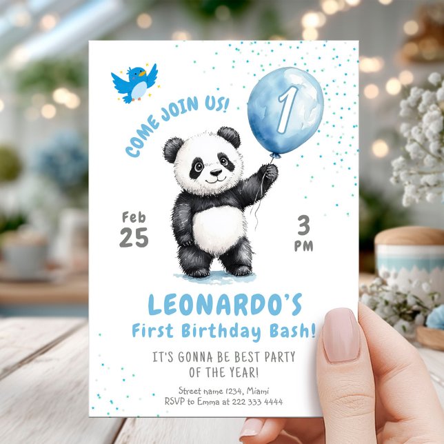 Invitation Adorable Panda Blue Balloon 1er anniversaire (Créateur téléchargé)
