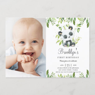 Invitation Adorable Panda Greenery 1er anniversaire de fête P