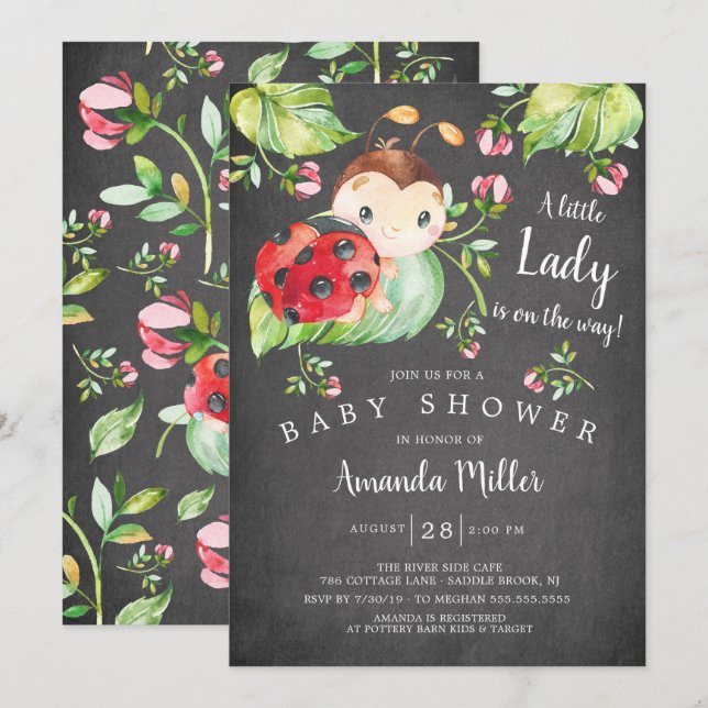 Invitation Adorable Petit Baby shower Lady Ladybug (Devant / Derrière)
