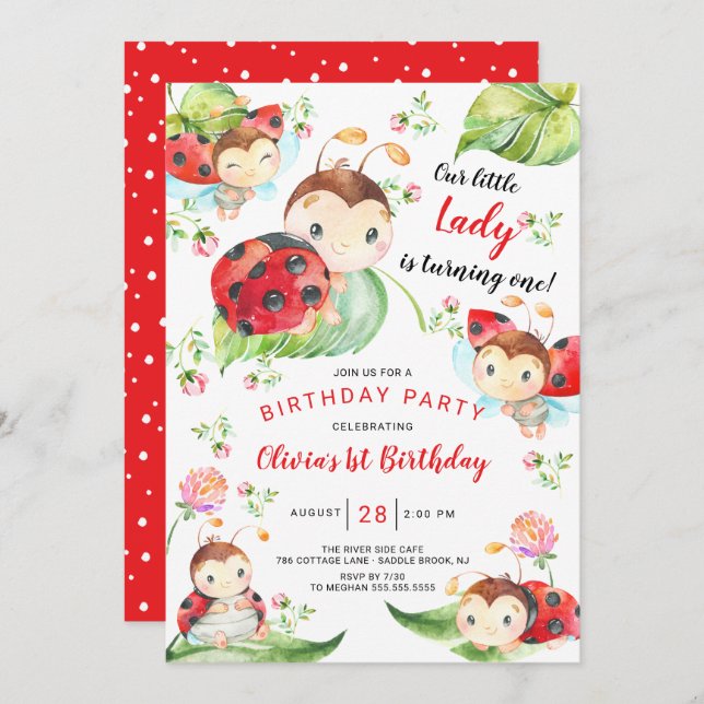 Invitation Adorable Petite Dame Ladybug 1er Anniversaire Invi (Devant / Derrière)