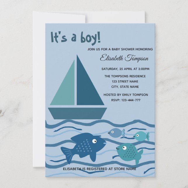 Invitation adorable plaisir marine navire et poissons garçon  (Devant)