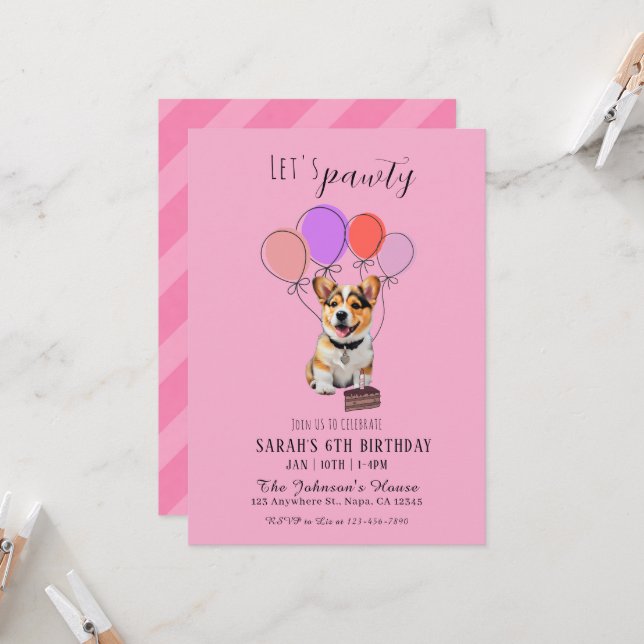 Invitation Adorable Playful Pink Corgi Birthday Customizable (Devant/Arrière en situation)