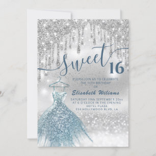 Invitation Adorable robe bleu argent gouttes d'ombre dans