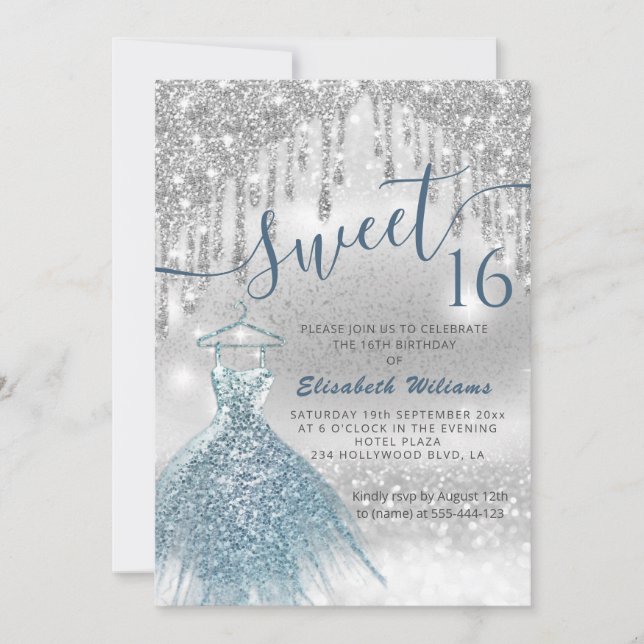 Invitation Adorable robe bleu argent gouttes d'ombre dans (Devant)