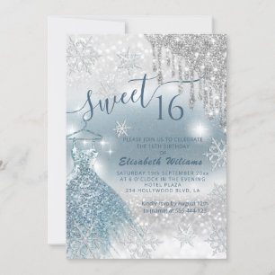 Invitation Adorable robe bleue argent gouttes de glittery omb