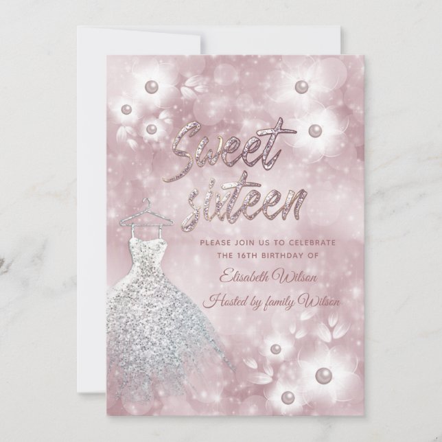 Invitation Adorable robe bokeh perle sweet sixteen floral (Devant)