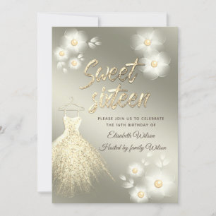 Invitation Adorable robe or perle sweet sixteen floral