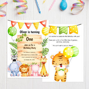 Invitation Adorable Safari Animaux avec signe en bois, Annive