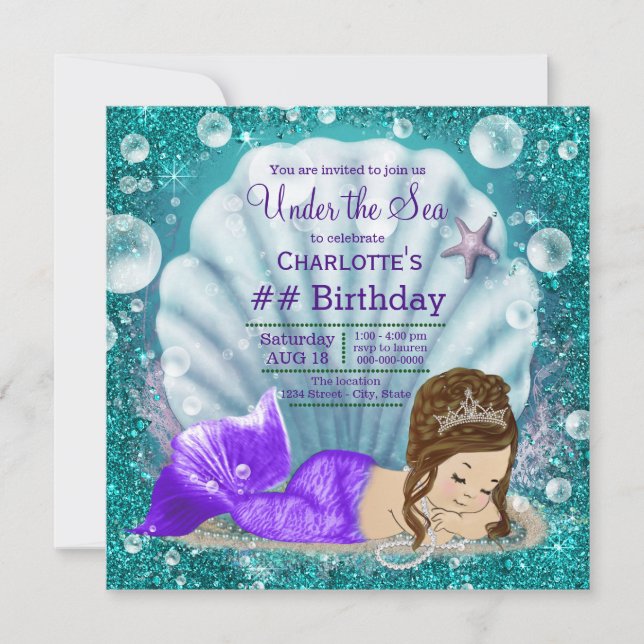 Invitation Adorable Sirène Brunette sous la mer Anniversaire (Devant)