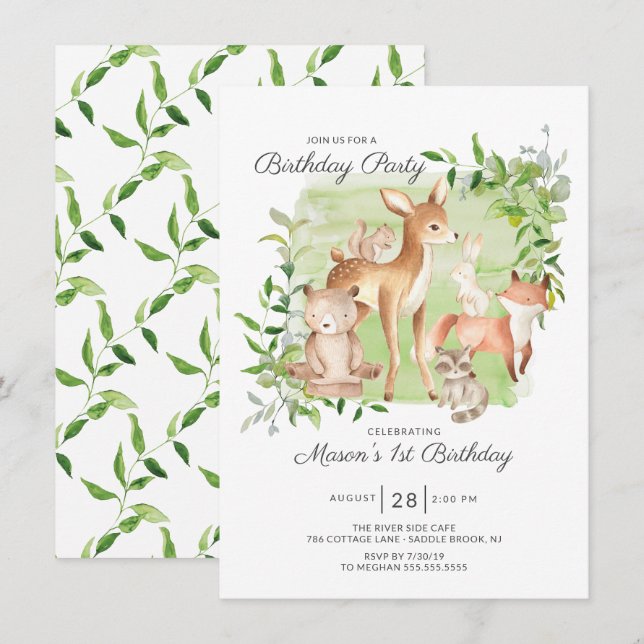 Invitation Adorable Woodland Friends Boys 1er anniversaire (Devant / Derrière)