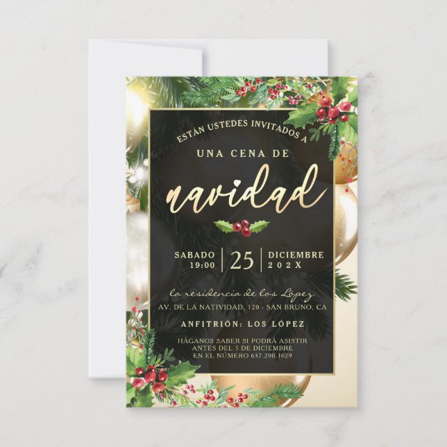 Invitation Adornos Dorados Invitación a una Ceña Navideña (Devant)
