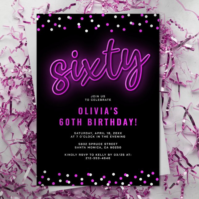Invitation Adulte Pink Neon 60e anniversaire (Créateur téléchargé)