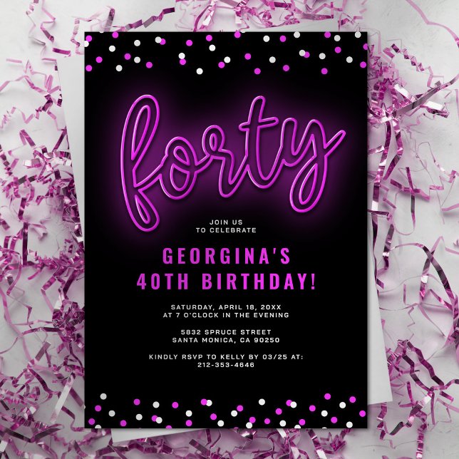 Invitation Adulte rose Neon fête du 40e anniversaire (Créateur téléchargé)