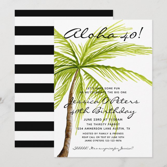 Invitation Adulte Surprise 40e anniversaire Tropical Aloha Pa (Devant / Derrière)