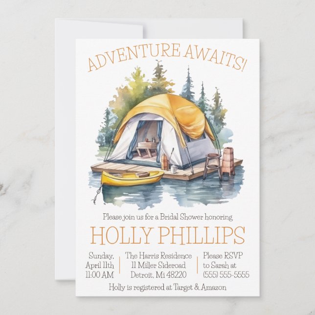 Invitation Adventure Attend ! Camping, Canoë, Fête des mariée (Devant)