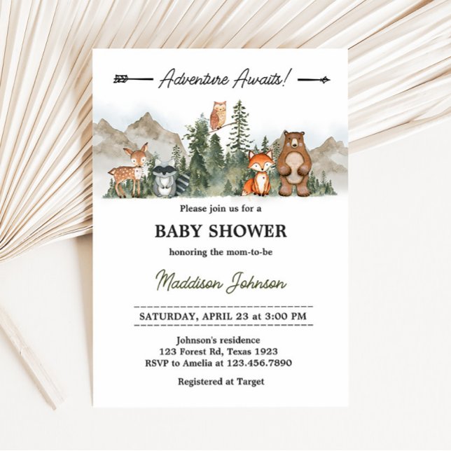 Invitation Adventure Attend le Baby shower des bois (Woodland Animals Adventure Awaits Baby Shower invitation)