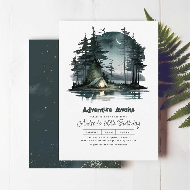 Invitation Adventure Attend Night Sky Nature Anniversaire Fêt (Adventure Awaits! Camping Birthday Invitations With Night Campsite Scene)