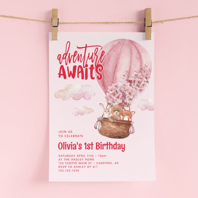 Invitation Adventure Attend rose et rouge 1er anniversaire (Créateur téléchargé)