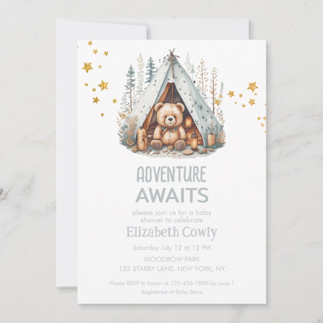 Invitation Adventure Attend un Baby shower de camping en bois (Devant)