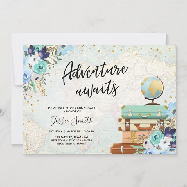 Invitation Adventure Await and Blue Floral Travel Baby shower (Devant)