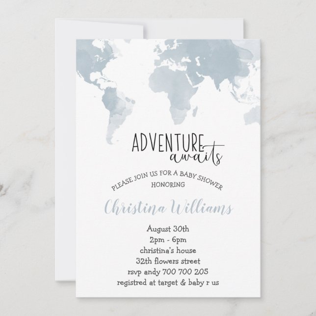 Invitation Adventure Await and the Blue World Map Boy Baby sh (Devant)