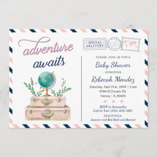Invitation Adventure Await and Travel Baby shower Navy Pink
