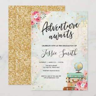Invitation Adventure Await and Travel Graduation School Party