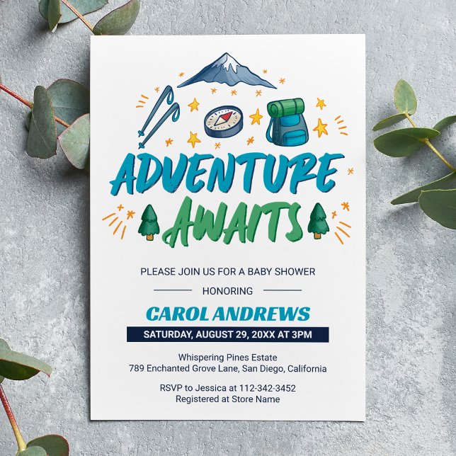Invitation Adventure Await Baby shower de camping (Créateur téléchargé)