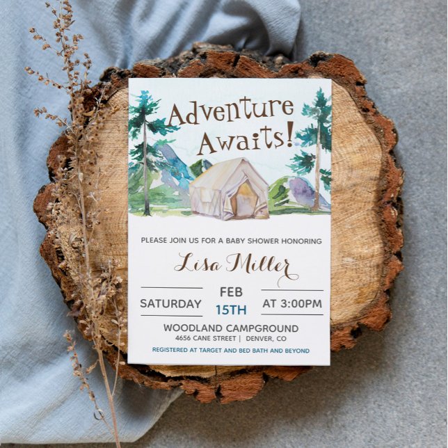 Invitation Adventure Await Baby shower de camping (Créateur téléchargé)