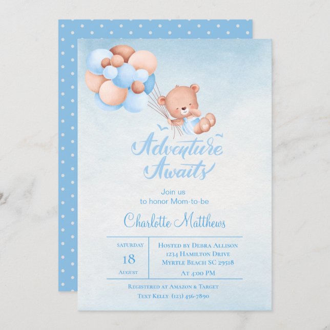 Invitation Adventure Await Blue Balloon Baby shower (Devant / Derrière)